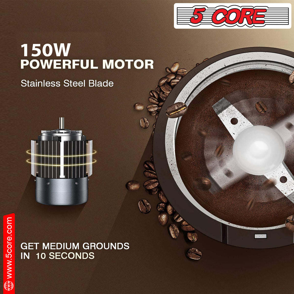 5 Core Coffee Grinder • 85 Gram Or 3 Ounces / 12 Cup Capacity • One-Touch Automatic Electric Bean Spice Grinding Machine • 150W Copper Motor • Stainless Steel Blades • Molino De Cafe Brown- CG 01