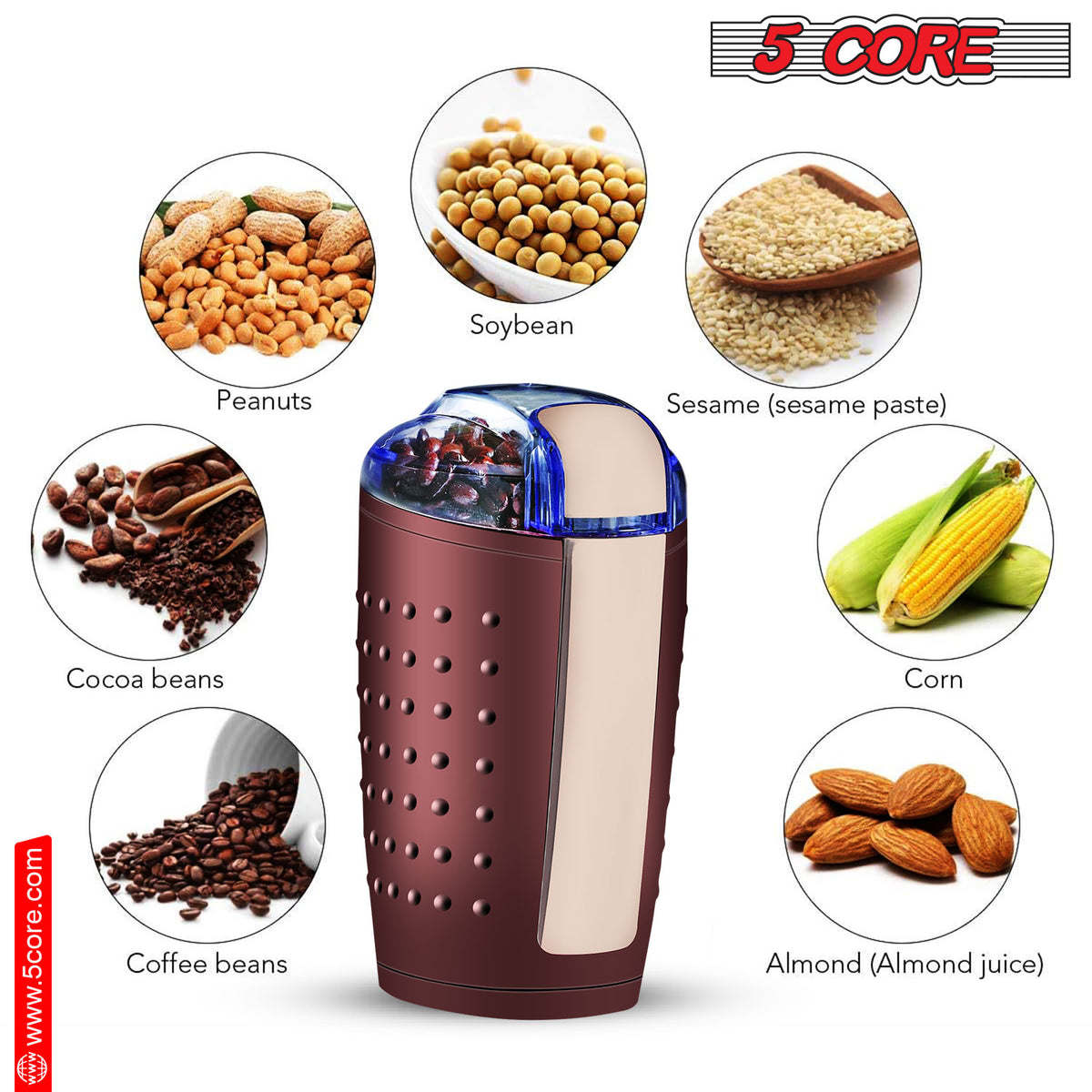 5 Core Coffee Grinder • 85 Gram Or 3 Ounces / 12 Cup Capacity • One-Touch Automatic Electric Bean Spice Grinding Machine • 150W Copper Motor • Stainless Steel Blades • Molino De Cafe Brown- CG 01