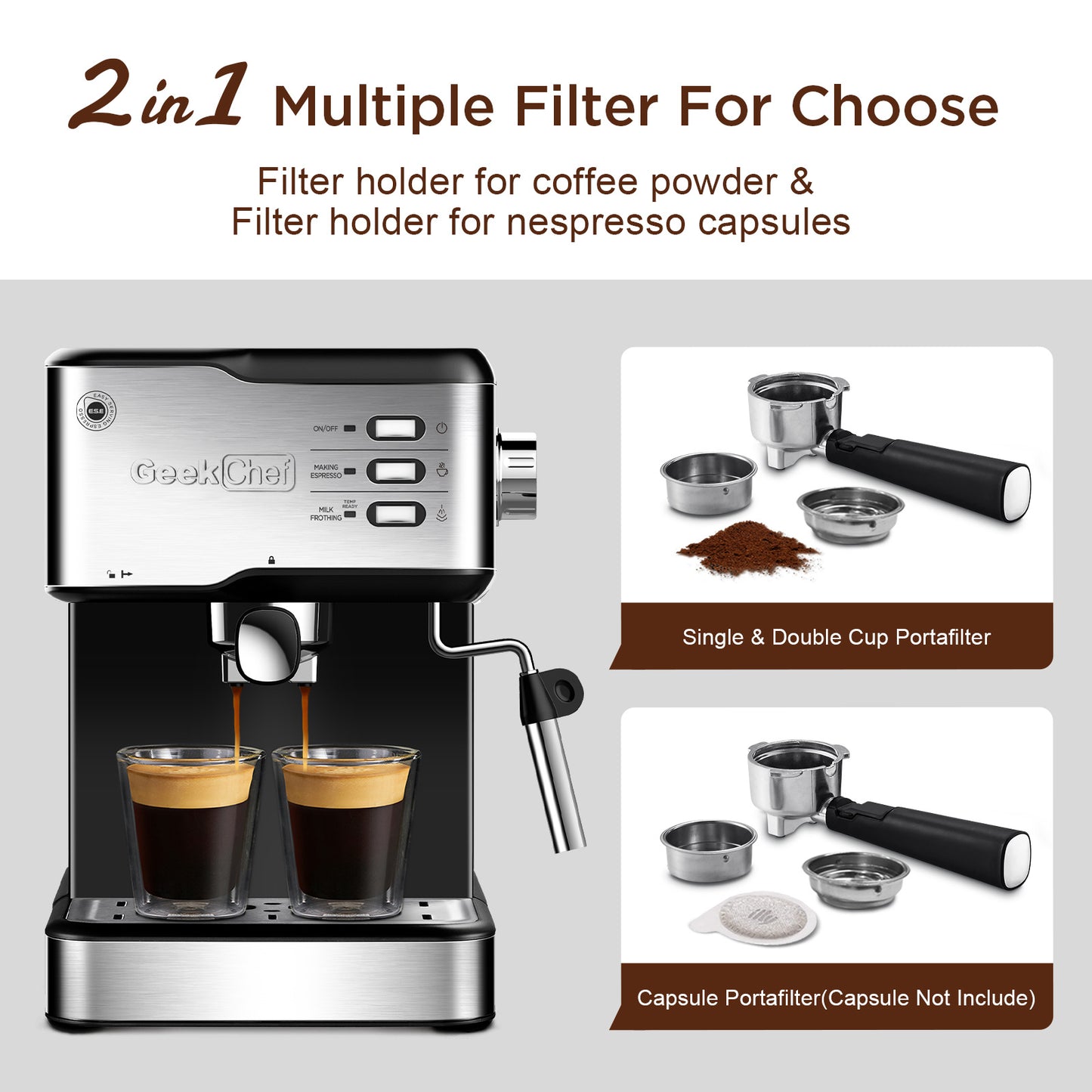 Geek Chef Espresso Machine;  Espresso and Cappuccino latte Maker 20 Bar Pump Coffee Machine Compatible with ESE POD capsules filter;  950W;  1.5L Water Tank(Banned selling Amazon)