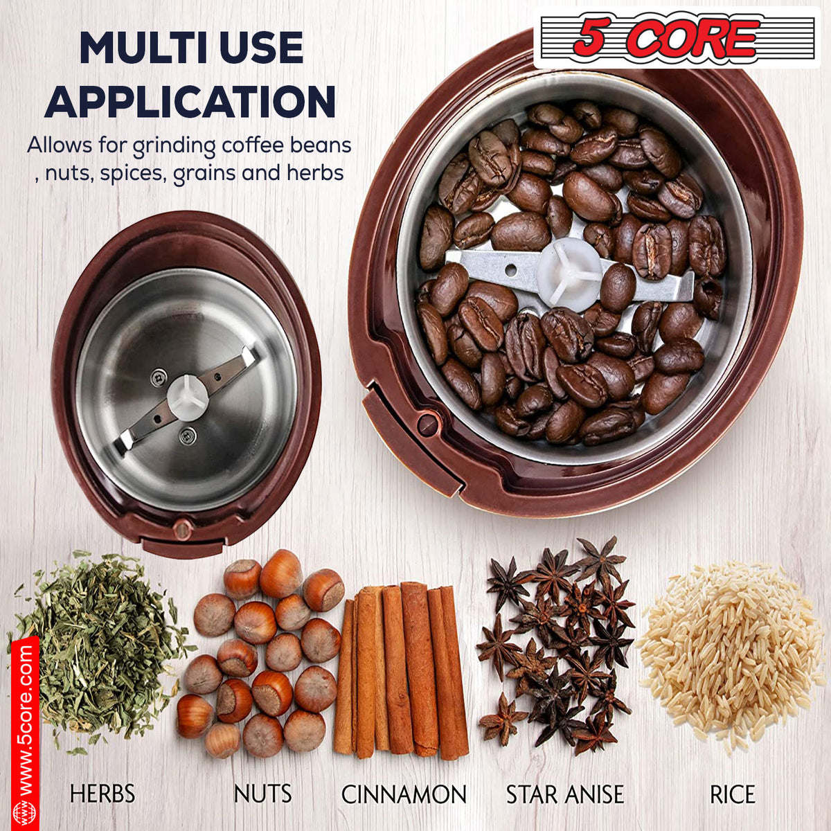 5 Core Coffee Grinder • 85 Gram Or 3 Ounces / 12 Cup Capacity • One-Touch Automatic Electric Bean Spice Grinding Machine • 150W Copper Motor • Stainless Steel Blades • Molino De Cafe Brown- CG 01