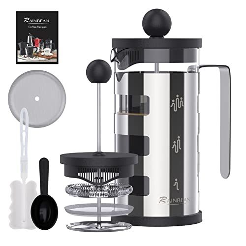 French Press Cafetiere 2 Cups, Stainless Steel Body Shell Coffee Maker- Heat Resistant - Stainless Steel Filter Coffee Press for Coffee Lover (Silver, 350 ml/600ml))