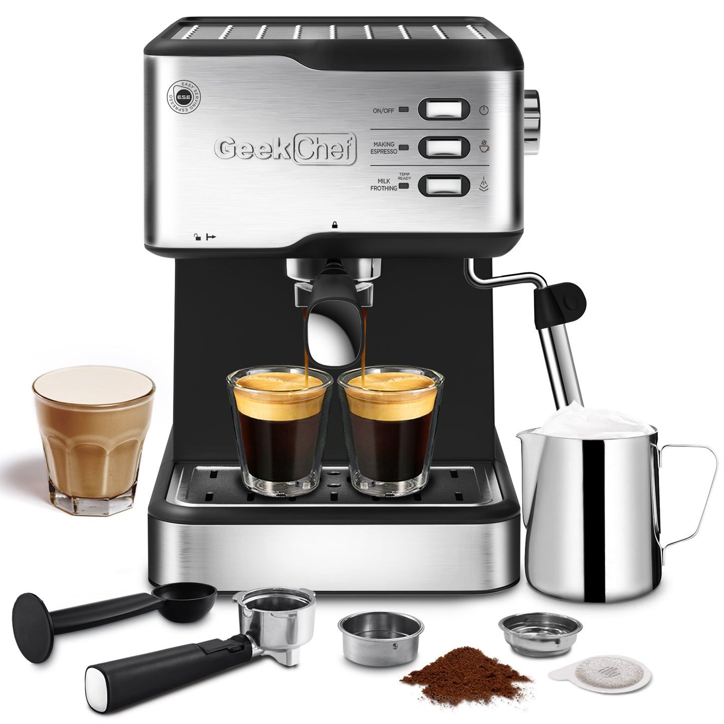 Geek Chef Espresso Machine;  Espresso and Cappuccino latte Maker 20 Bar Pump Coffee Machine Compatible with ESE POD capsules filter;  950W;  1.5L Water Tank(Banned selling Amazon)