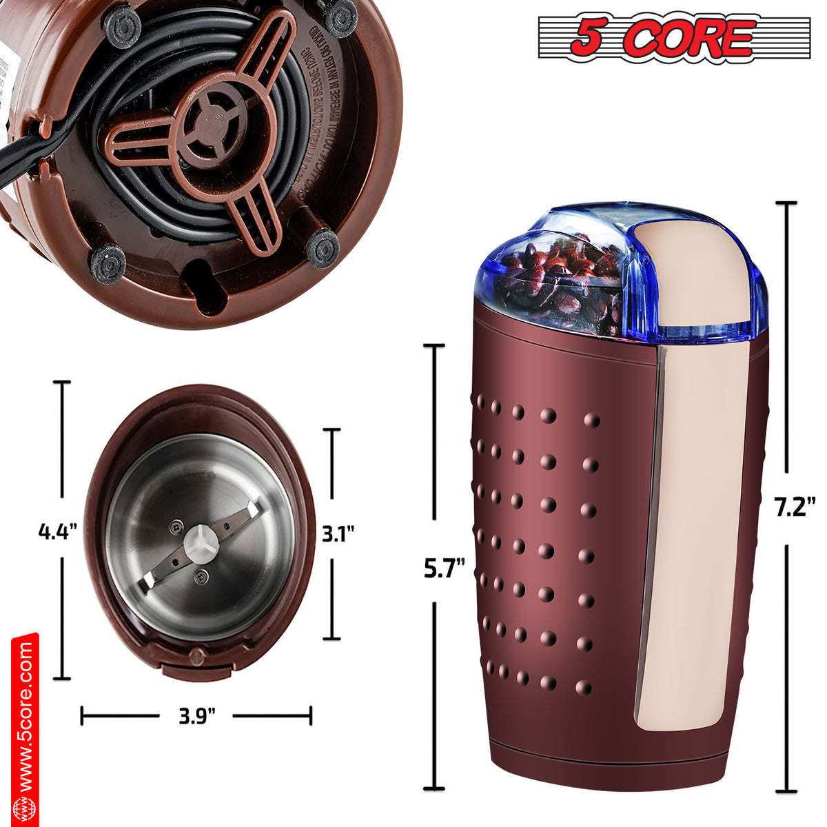 5 Core Coffee Grinder • 85 Gram Or 3 Ounces / 12 Cup Capacity • One-Touch Automatic Electric Bean Spice Grinding Machine • 150W Copper Motor • Stainless Steel Blades • Molino De Cafe Brown- CG 01