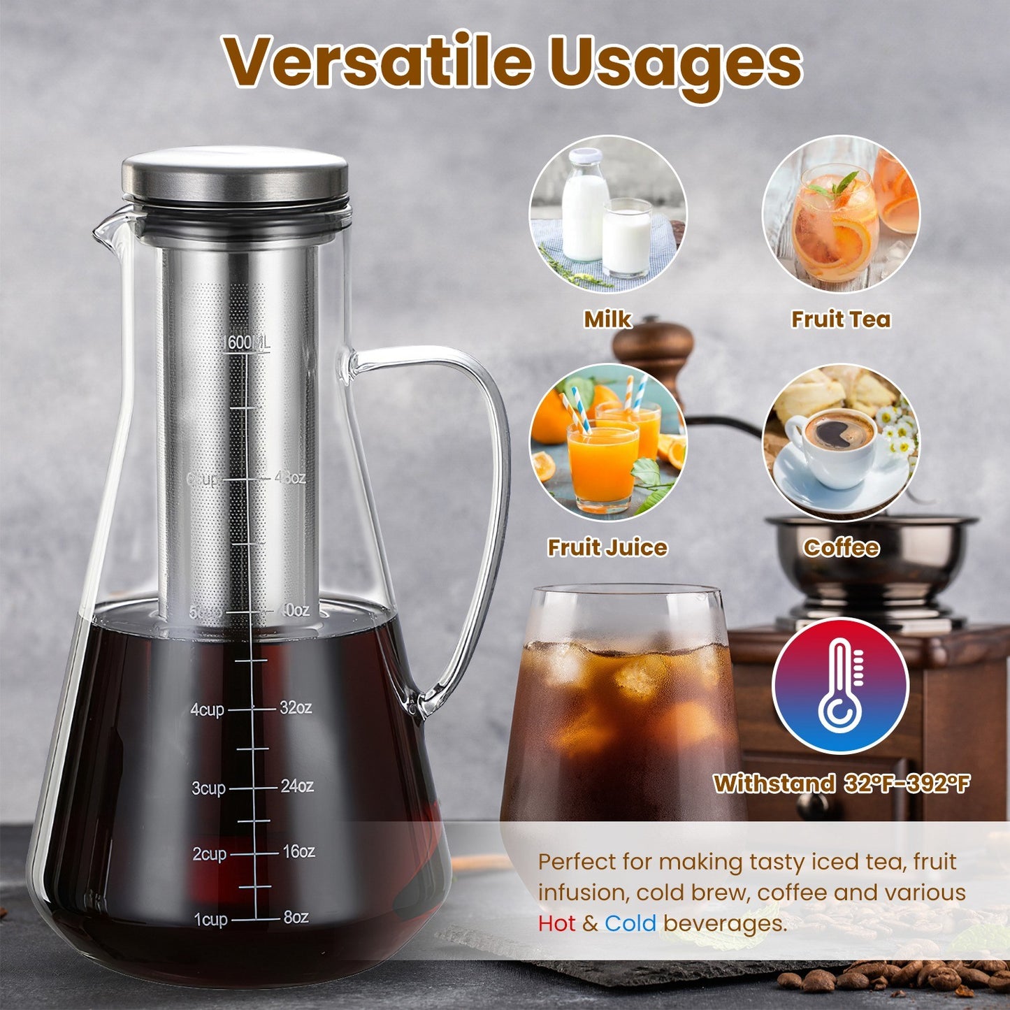 Cold Brew Coffee Maker Iced Tea Maker Pitcher Glass Coffee Pot Brewing Glass Carafe Tea Infuser Coffee Kettle with Removable Fine-Mesh Filter Dishwasher Safe