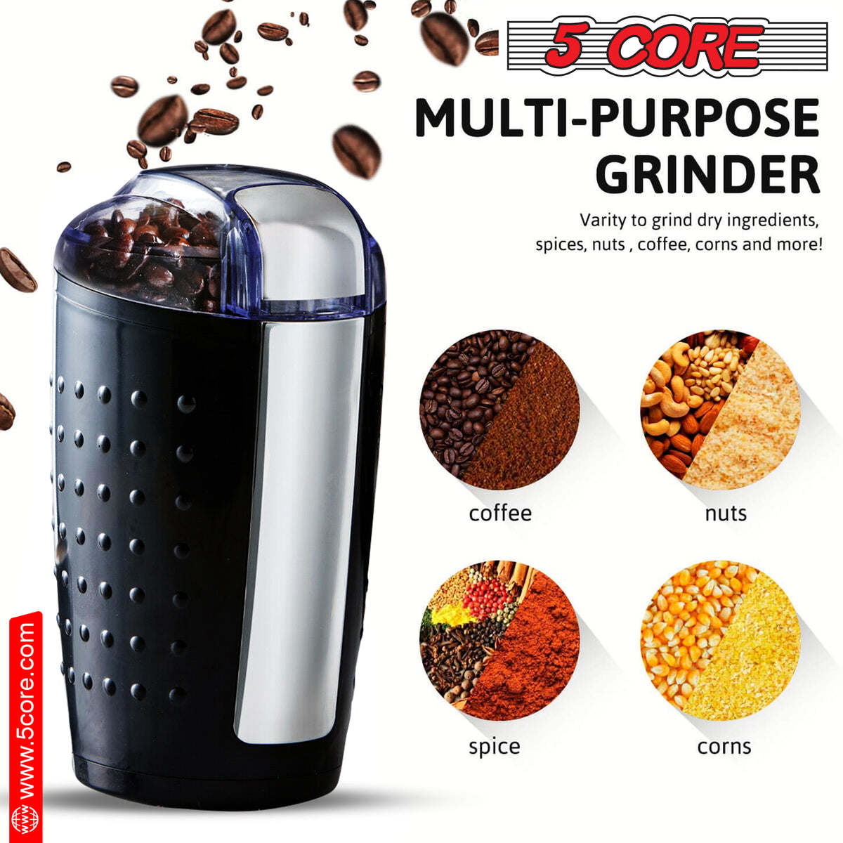 5 Core Coffee Grinder • 85 Gram Or 3 Ounces / 12 Cup Capacity • One-Touch Automatic Electric Bean Spice Grinding Machine • 150W Copper Motor • Stainless Steel Blades • Molino De Cafe Brown- CG 01