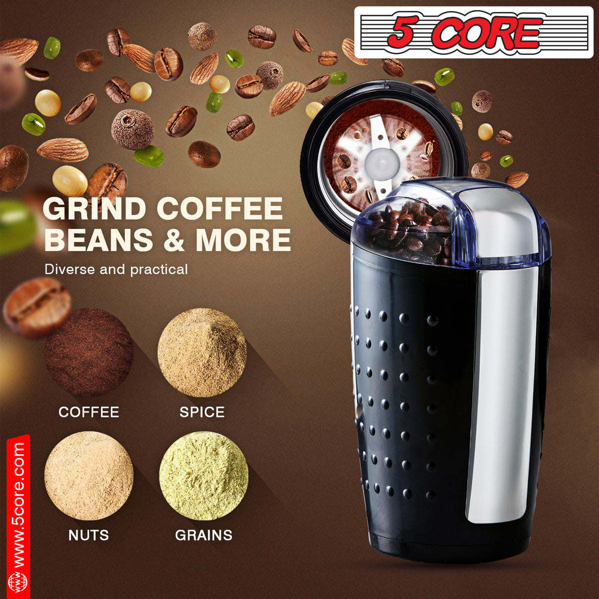 5 Core Coffee Grinder • 85 Gram Or 3 Ounces / 12 Cup Capacity • One-Touch Automatic Electric Bean Spice Grinding Machine • 150W Copper Motor • Stainless Steel Blades • Molino De Cafe Brown- CG 01