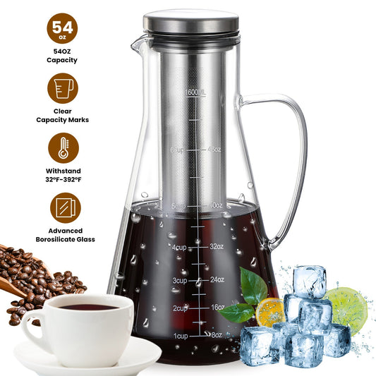 Cold Brew Coffee Maker Iced Tea Maker Pitcher Glass Coffee Pot Brewing Glass Carafe Tea Infuser Coffee Kettle with Removable Fine-Mesh Filter Dishwasher Safe