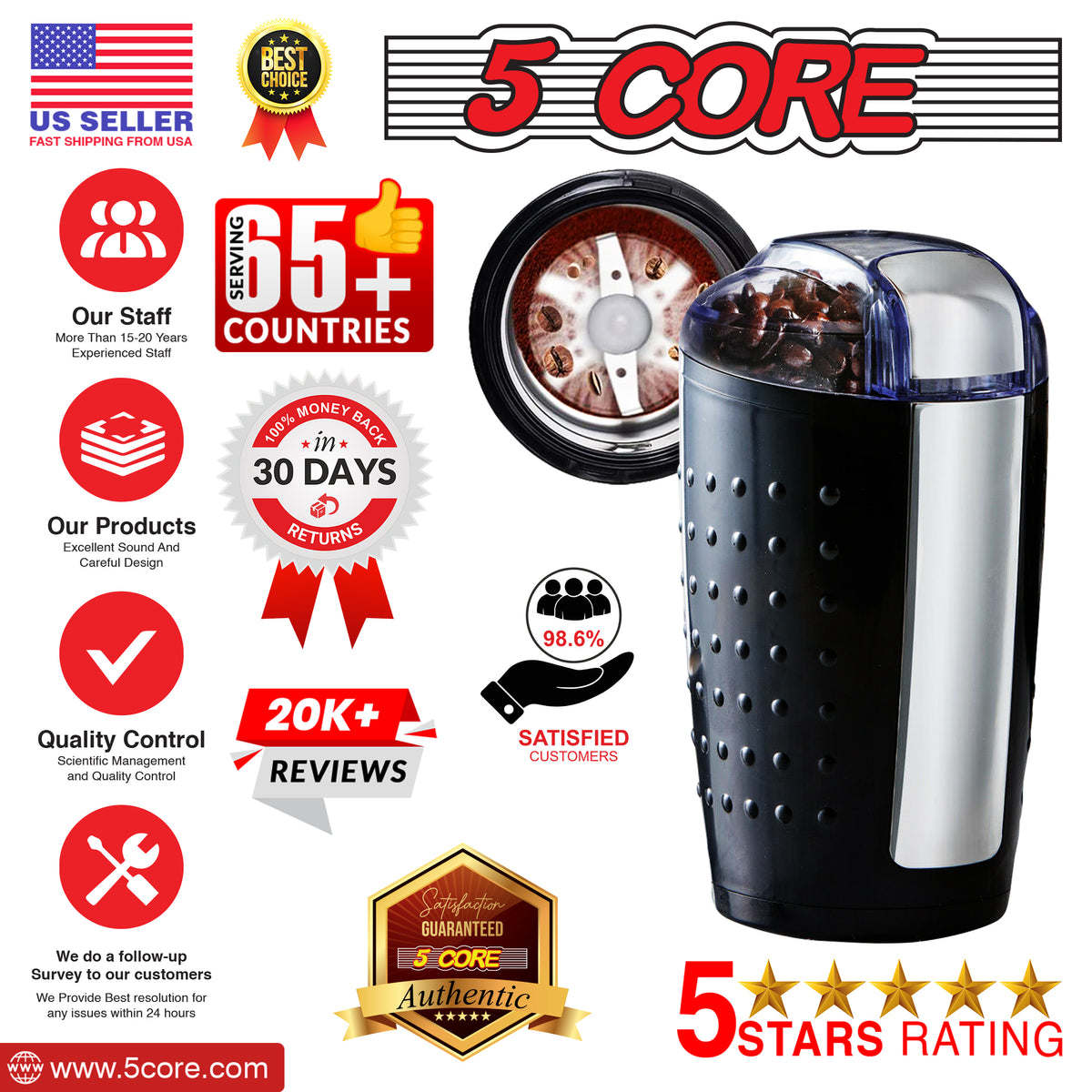 5 Core Coffee Grinder • 85 Gram Or 3 Ounces / 12 Cup Capacity • One-Touch Automatic Electric Bean Spice Grinding Machine • 150W Copper Motor • Stainless Steel Blades • Molino De Cafe Brown- CG 01