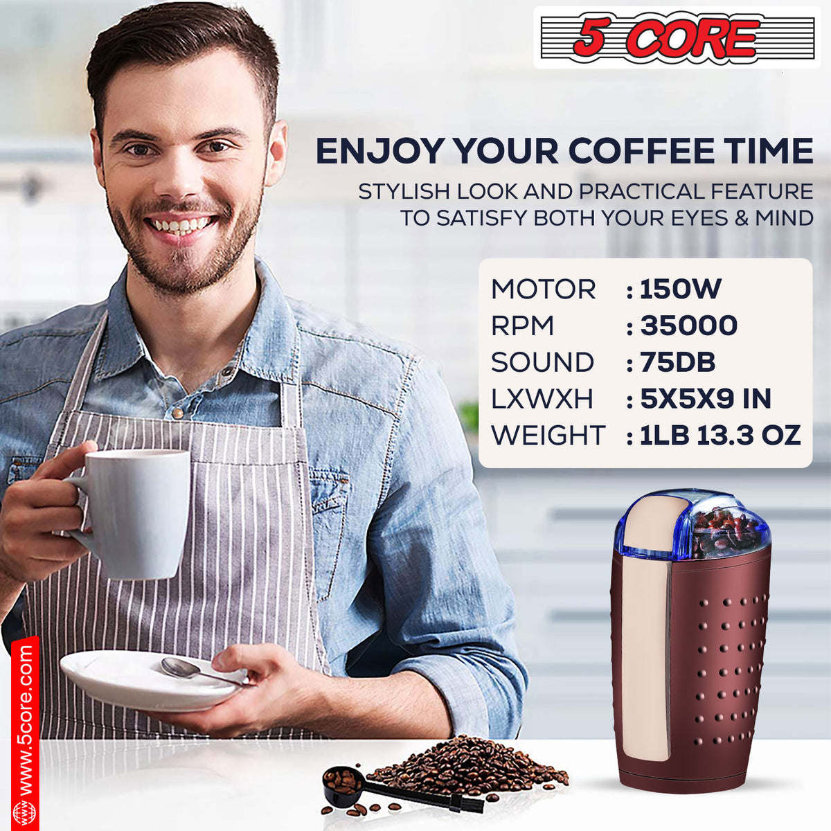 5 Core Coffee Grinder • 85 Gram Or 3 Ounces / 12 Cup Capacity • One-Touch Automatic Electric Bean Spice Grinding Machine • 150W Copper Motor • Stainless Steel Blades • Molino De Cafe Brown- CG 01