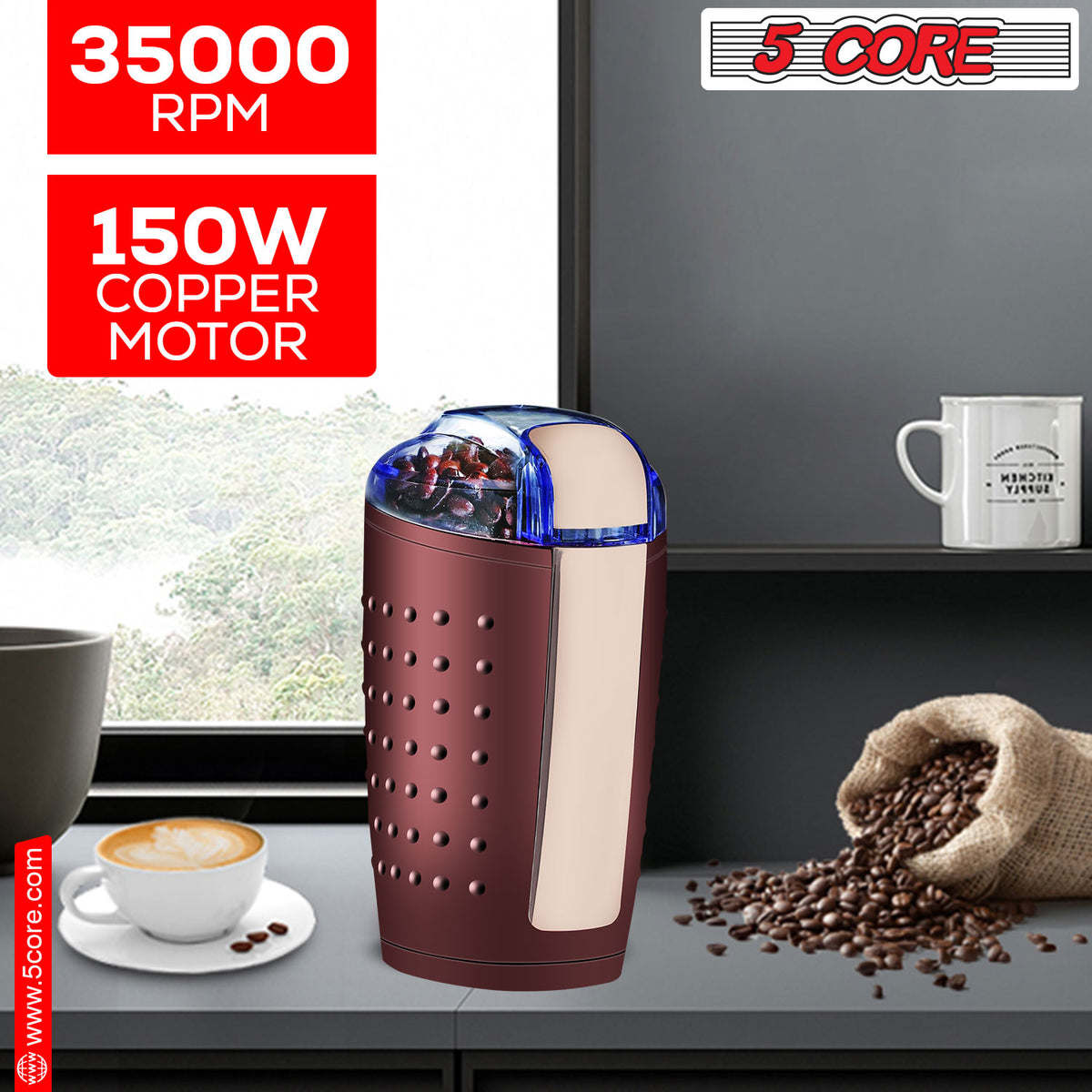 5 Core Coffee Grinder • 85 Gram Or 3 Ounces / 12 Cup Capacity • One-Touch Automatic Electric Bean Spice Grinding Machine • 150W Copper Motor • Stainless Steel Blades • Molino De Cafe Brown- CG 01