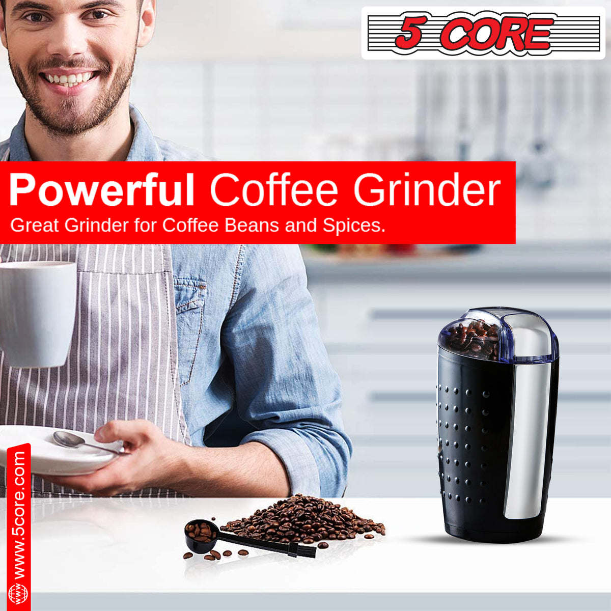 5 Core Coffee Grinder • 85 Gram Or 3 Ounces / 12 Cup Capacity • One-Touch Automatic Electric Bean Spice Grinding Machine • 150W Copper Motor • Stainless Steel Blades • Molino De Cafe Brown- CG 01