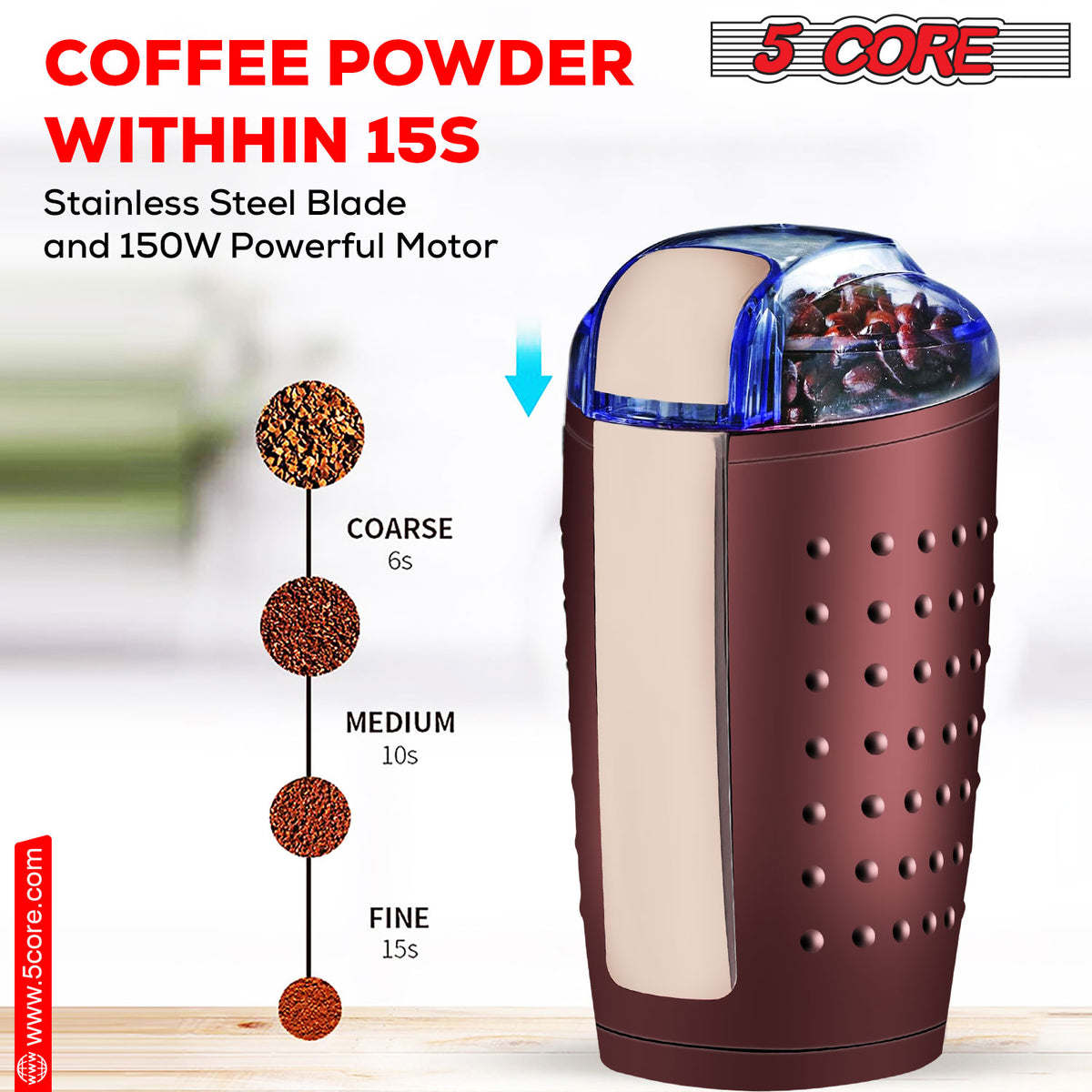 5 Core Coffee Grinder • 85 Gram Or 3 Ounces / 12 Cup Capacity • One-Touch Automatic Electric Bean Spice Grinding Machine • 150W Copper Motor • Stainless Steel Blades • Molino De Cafe Brown- CG 01