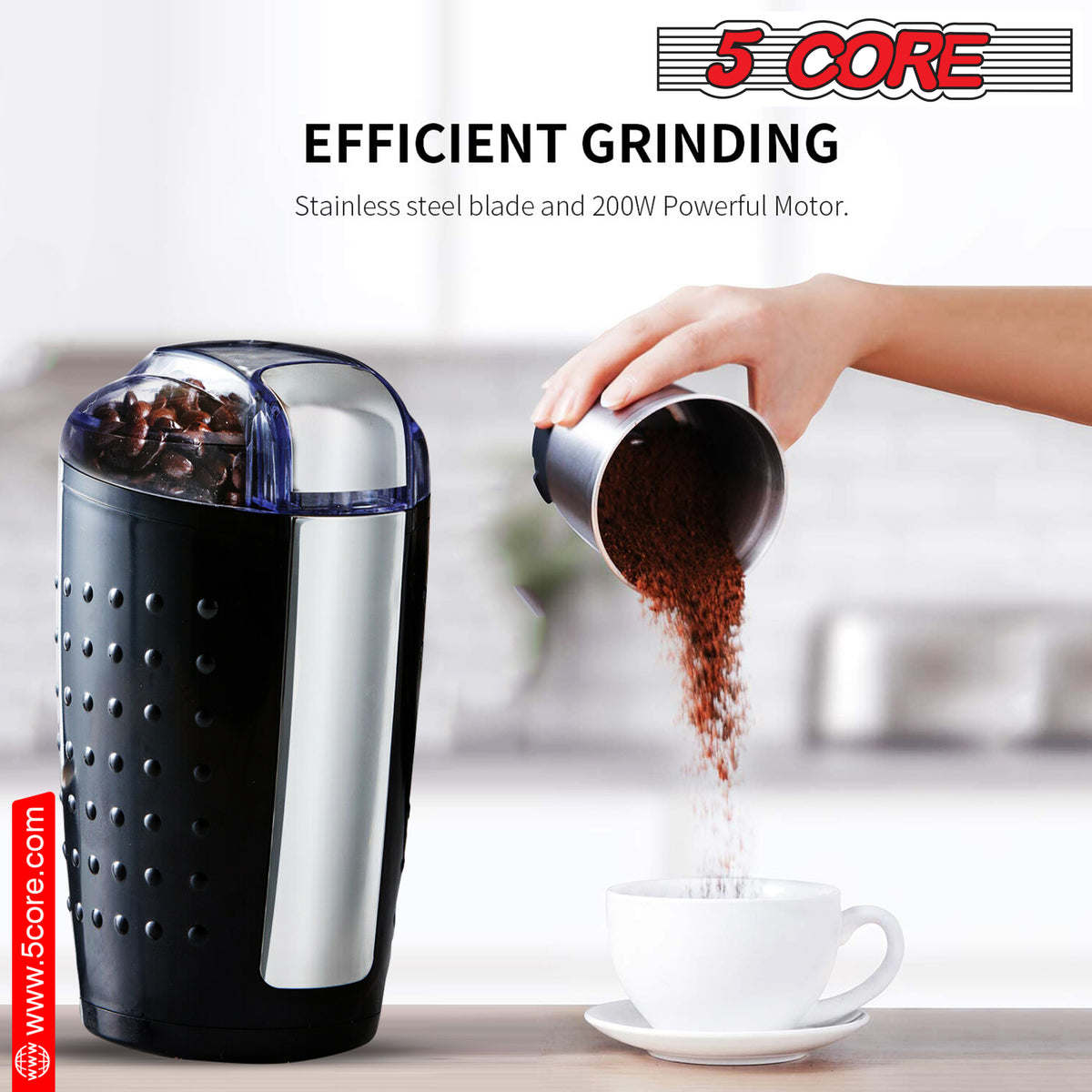 5 Core Coffee Grinder • 85 Gram Or 3 Ounces / 12 Cup Capacity • One-Touch Automatic Electric Bean Spice Grinding Machine • 150W Copper Motor • Stainless Steel Blades • Molino De Cafe Brown- CG 01