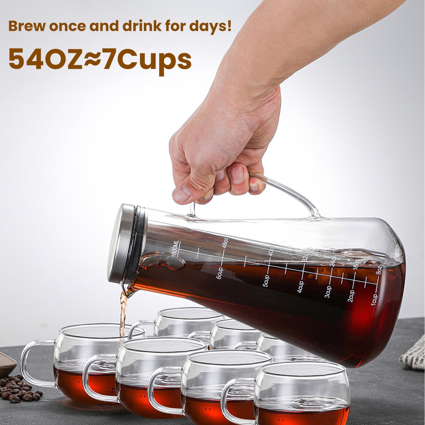 Cold Brew Coffee Maker Iced Tea Maker Pitcher Glass Coffee Pot Brewing Glass Carafe Tea Infuser Coffee Kettle with Removable Fine-Mesh Filter Dishwasher Safe